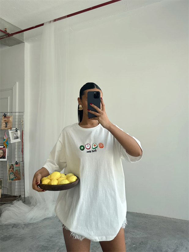 Fruit Nakış Basic T-shirt Beyaz - Beyaz