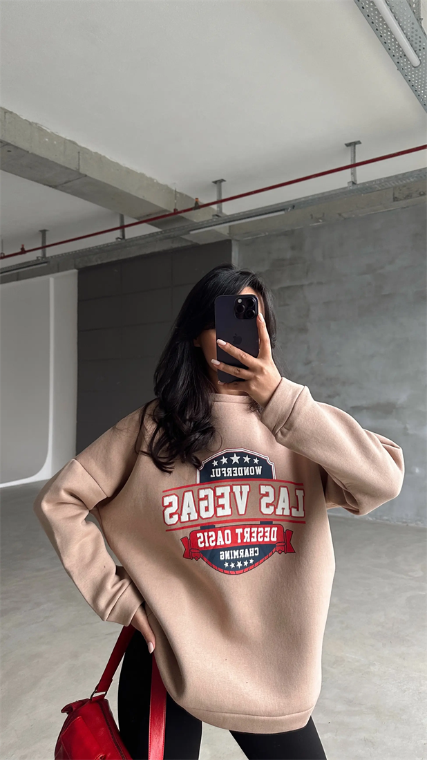 Las Vegas Üç İplik Oversize Sweat Vizon - Vizon