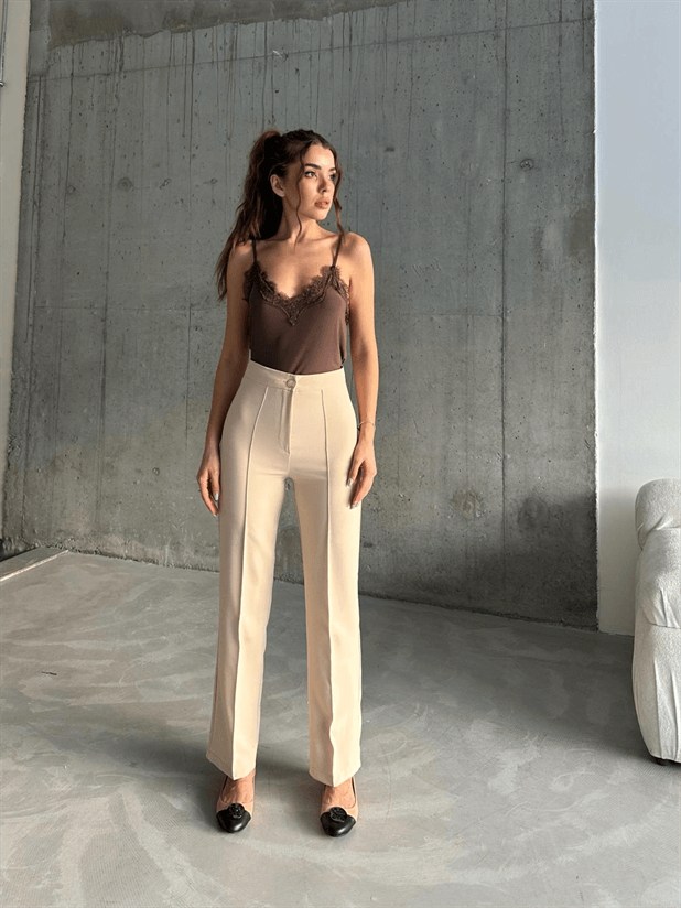 Ön Dikiş Boru Paça Kumaş Pantolon - Taş