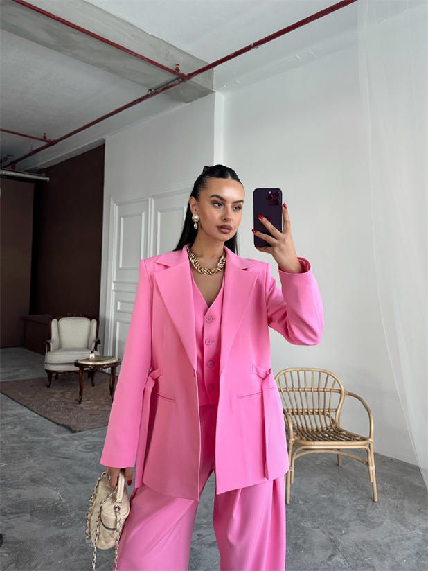Ceket Yelek Pantolon 3lü Takım - Pembe