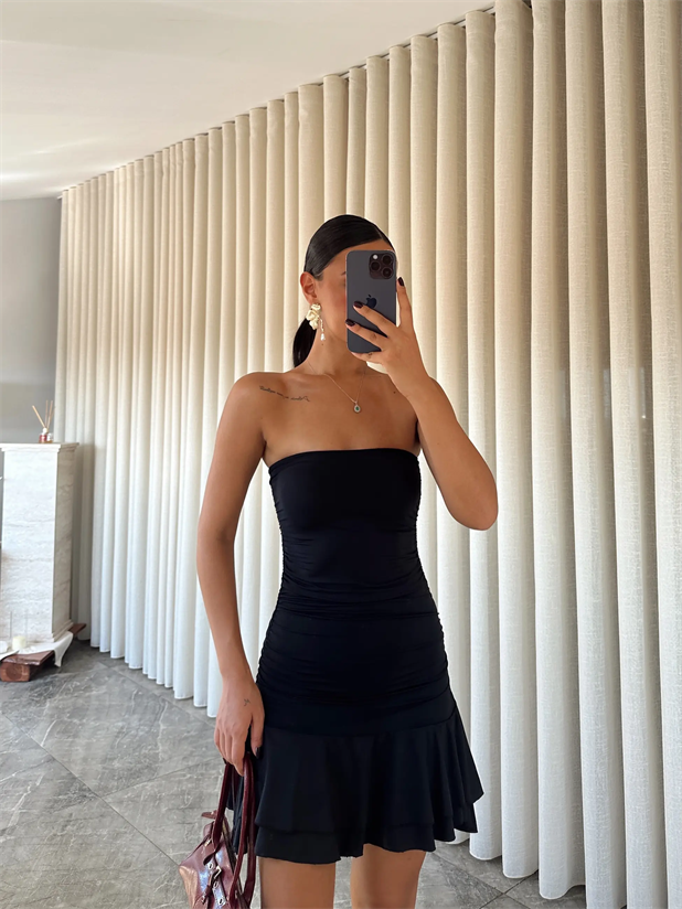 Scuba Kumaş Alt Fırfır Straplez Elbise - Siyah