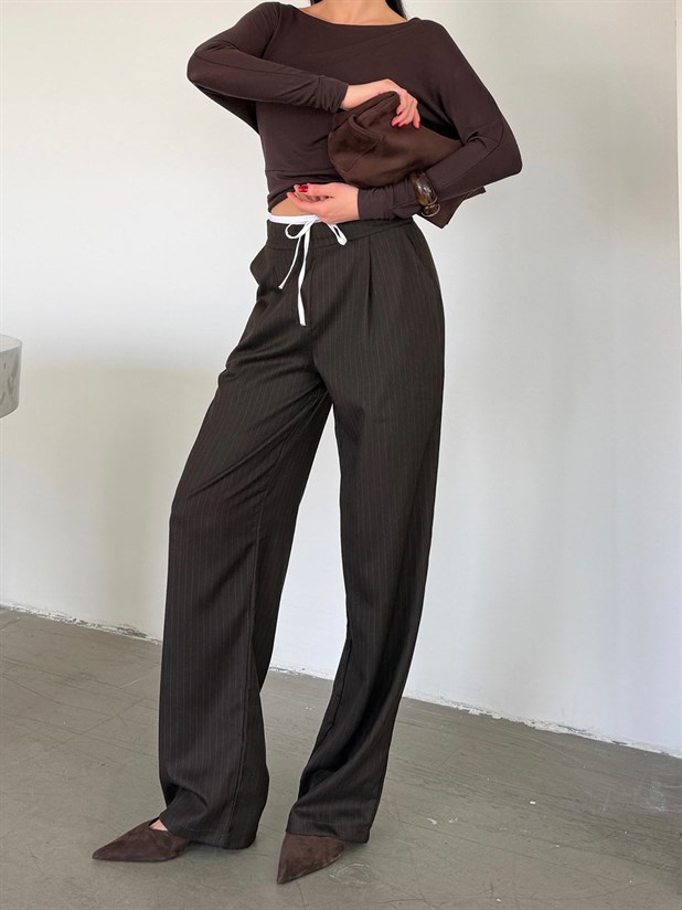 Bel Bağcık Çizgili Palazzo Pantolon - Kahverengi