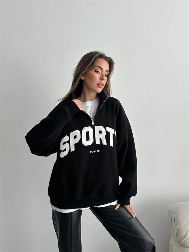 Sporty Yarım Fermuar Sweat - Siyah