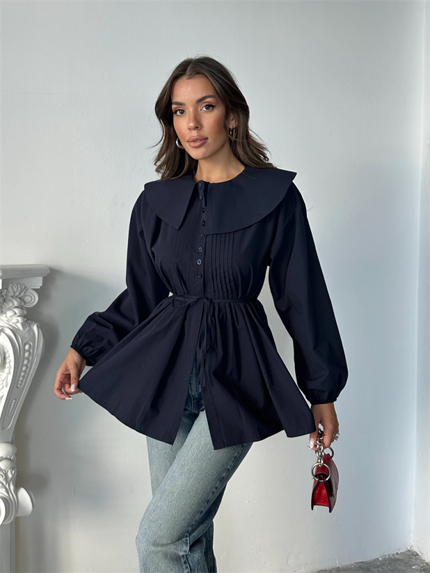 Geniş Yaka Poplin Gömlek - Lacivert