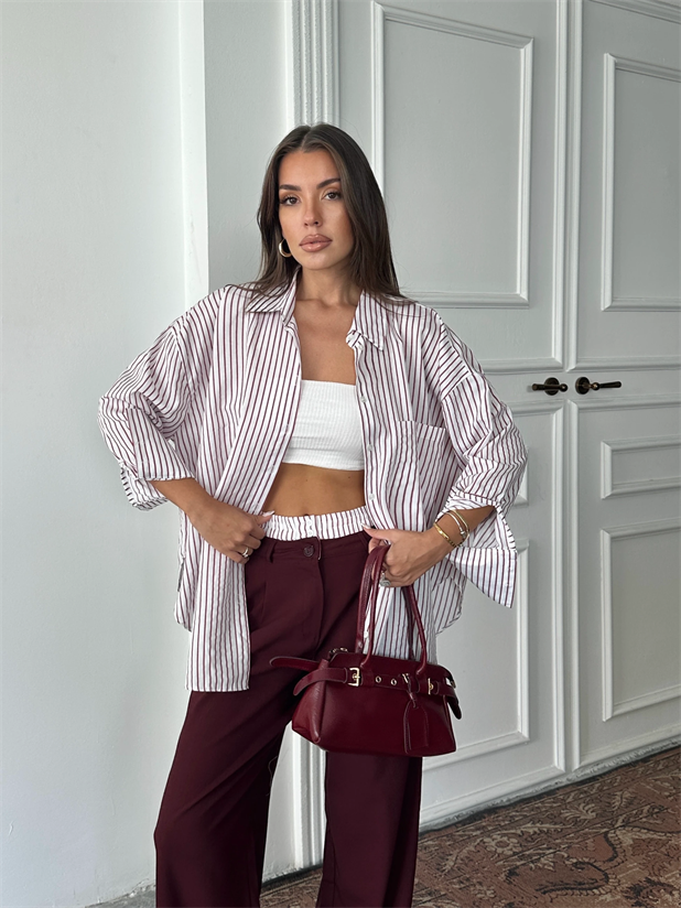 Bel Çizgi Detay Gömlekli Takım - Bordo