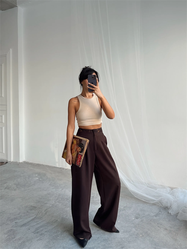 Kemeri Dantel Detaylı Palazzo Pantolon  - Kahve