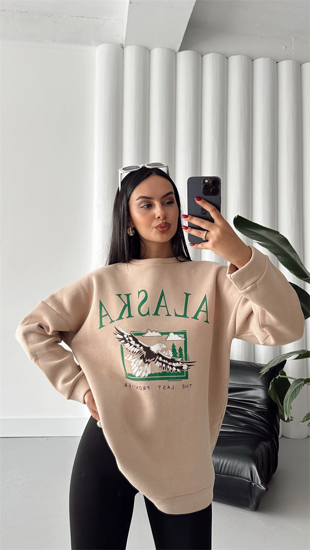 Alaska Üç İplik Şardonlu Oversize Sweat Vizon - Vizon