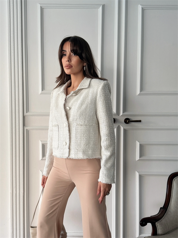 Püskül Detay Tüvit Ceket - Ekru