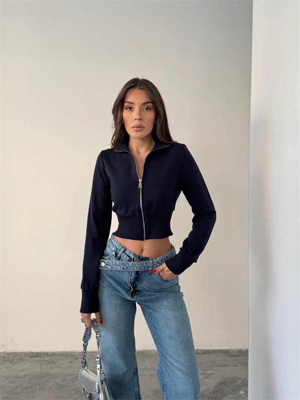 Ribanalı Balıkçı Triko Hırka - Lacivert