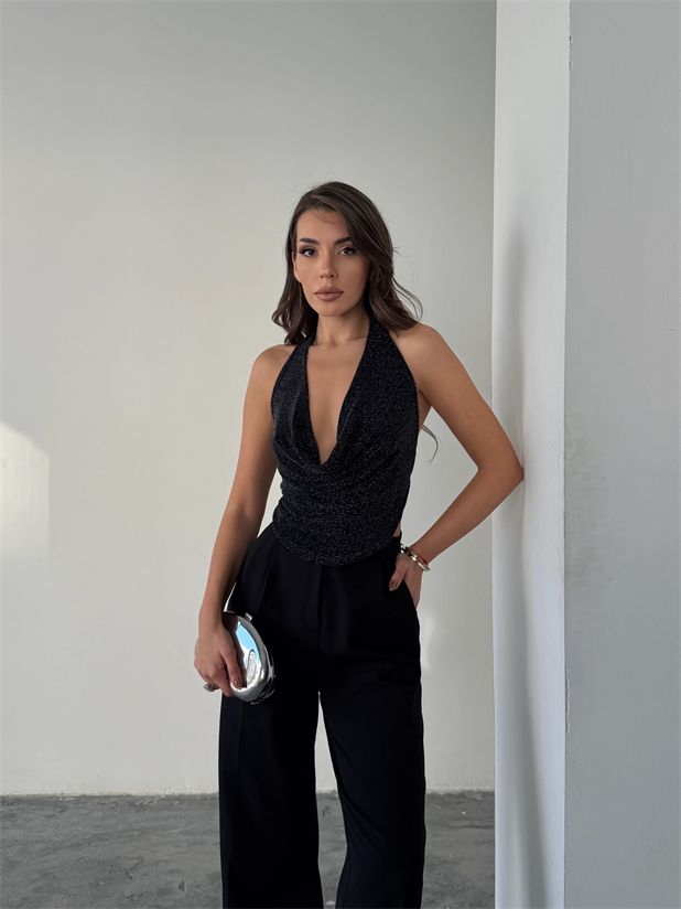 Sırtı Açık Simli Crop Bluz - Siyah