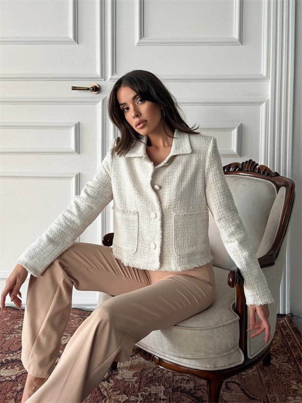 Püskül Detay Tüvit Ceket - Ekru