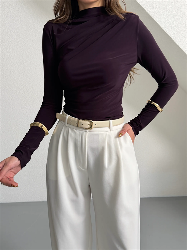 Dik Yaka Drapeli Uzun Kol Bluz - Mürdüm