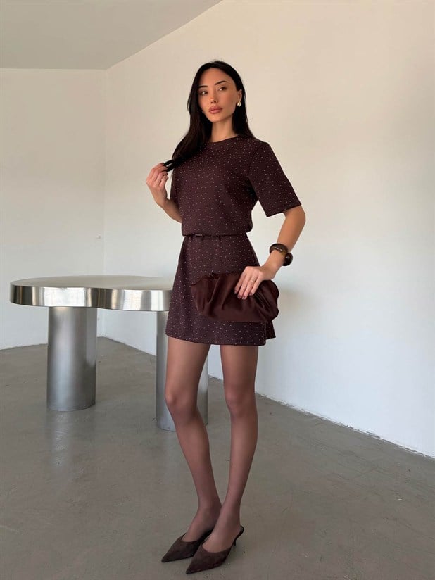 Taş Detaylı Modal Elbise - Kahve