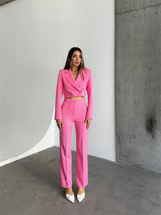 Ön Dikiş Boru Paça Kumaş Pantolon - Pembe