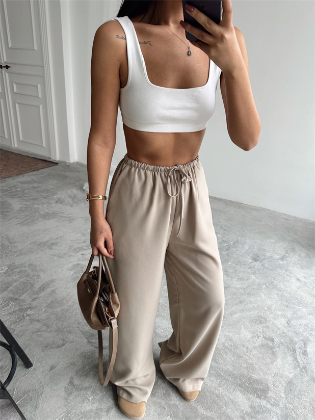 İnce Kemerli Salaş Pantolon - Taş