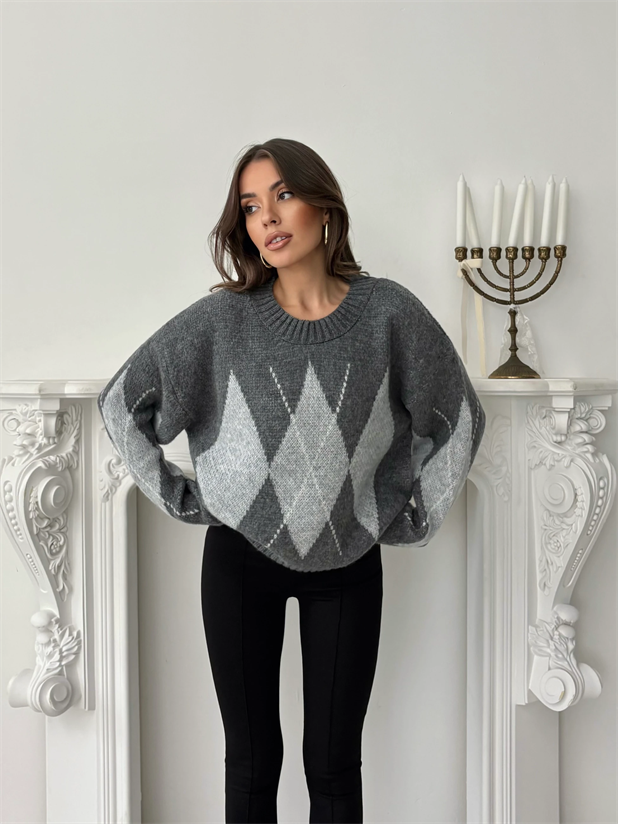 Oversize Baklava Desenli Kazak - Gri