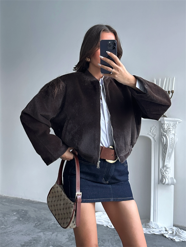 Astarlı Peluş Ceket - Kahve