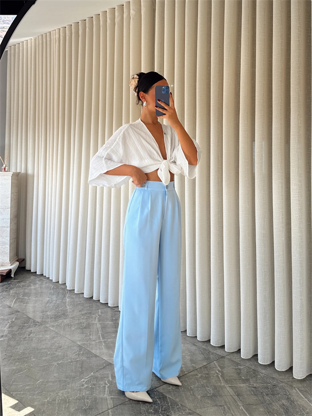 Bel Lastik Palazzo Pantolon - Bebe Mavi