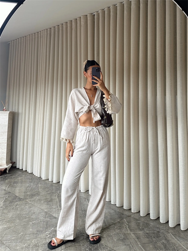 İnce Lastikli Keten Pantolon - Krem