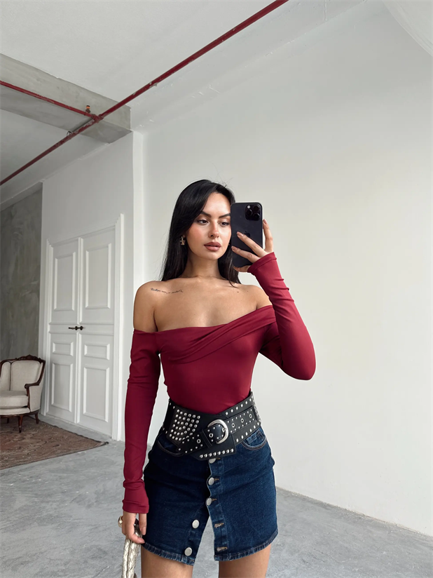 Yaka Katlama Bluz  - Bordo