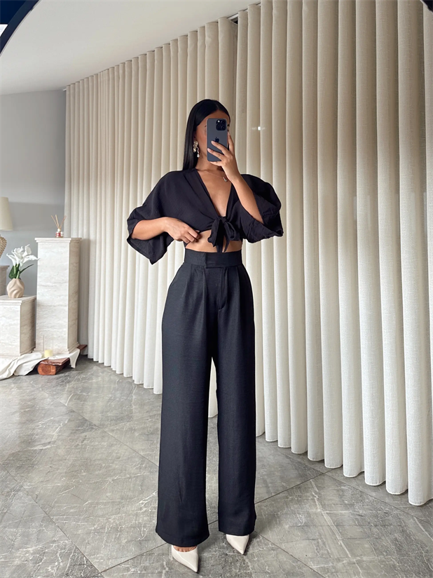 Cırtlı Keten Palazzo  - Siyah