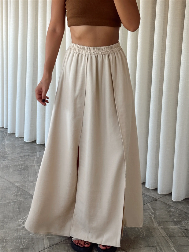 İçi Şortlu Derin Yırtmaç Maxi Etek - Bej