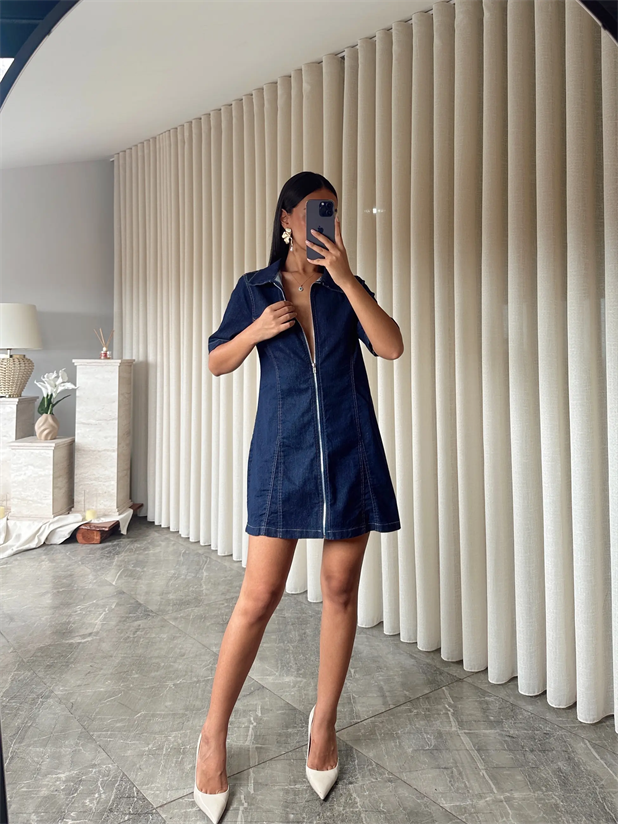 Fermuarlı Denim Elbise  - Lacivert
