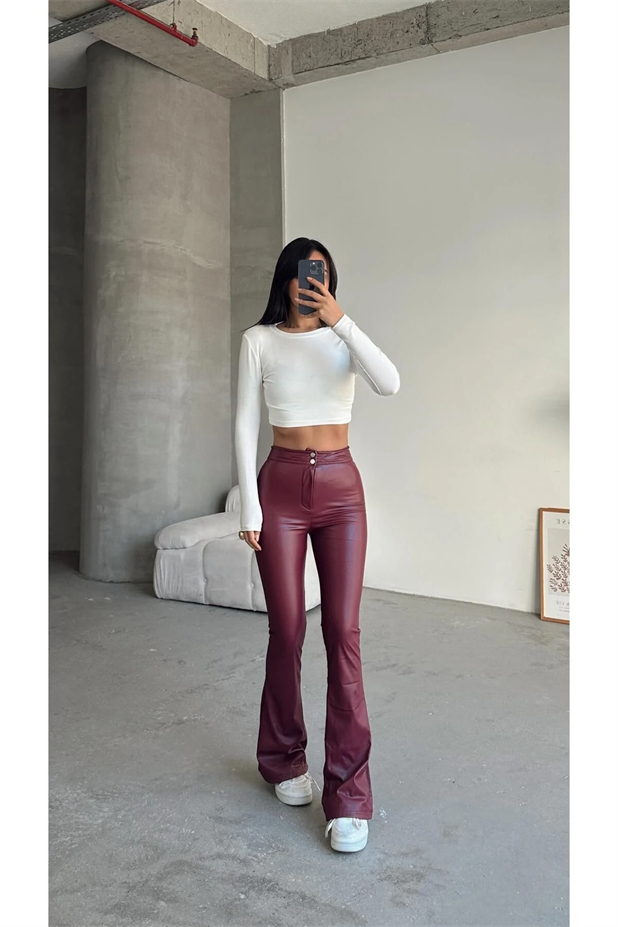 Çift Düğme Deri İspanyol Paça Pantolon Bordo - Bordo