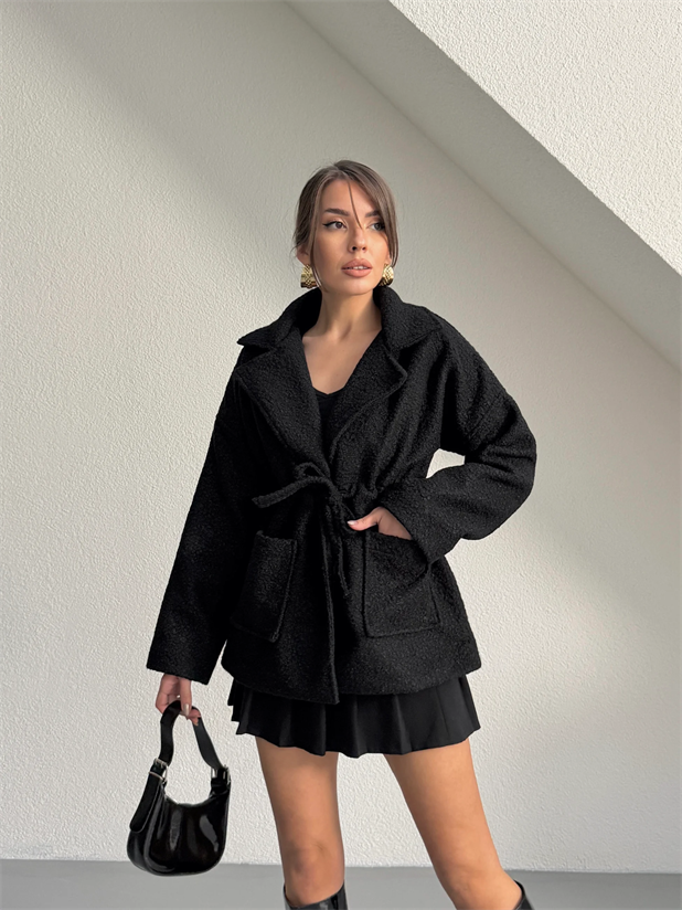 Kuşaklı Buklet Kaban  - Siyah