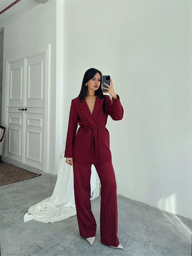 Bel Bağlama Line Blazer Ceket - Bordo