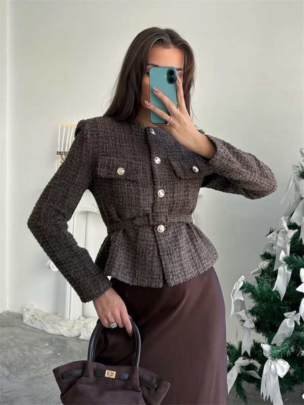 Kemer Detaylı Düğmeli Ceket - Kahve