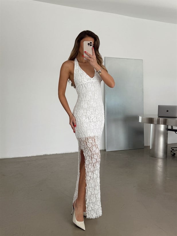 Boyundan Geçmeli Astarlı Dantel Elbise - Ekru