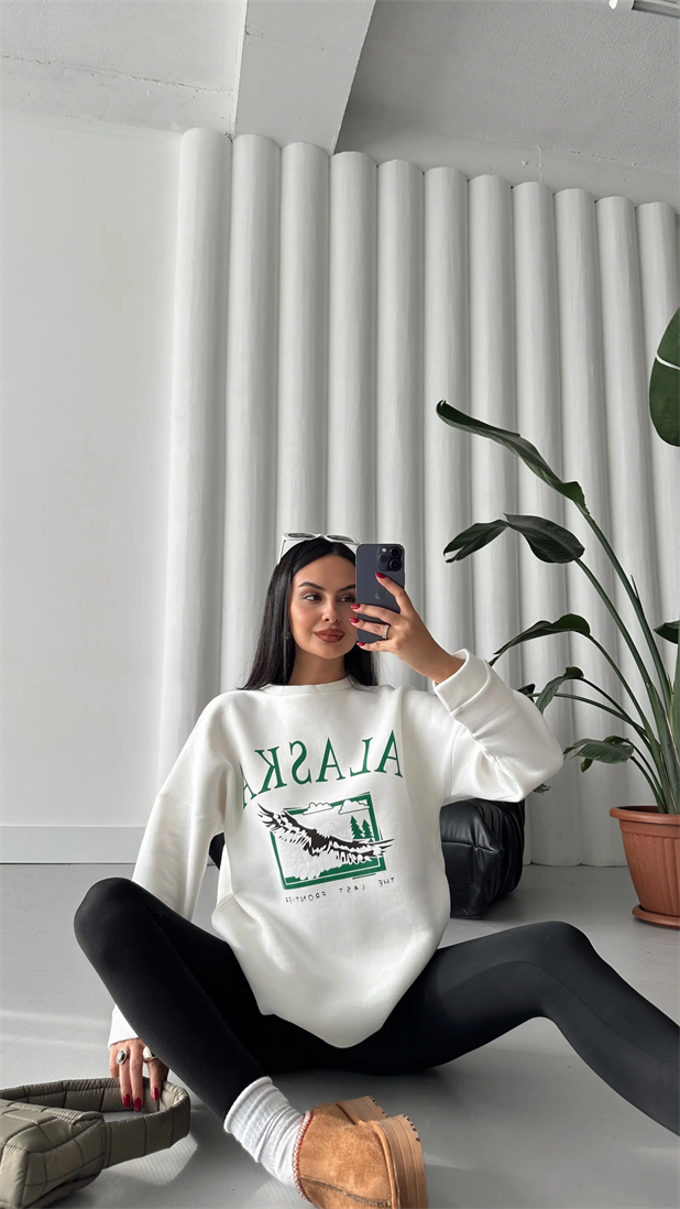 Alaska Üç İplik Şardonlu Oversize Sweat Beyaz - Beyaz