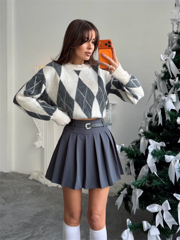 Kemerli Pileli Mini Etek - Füme