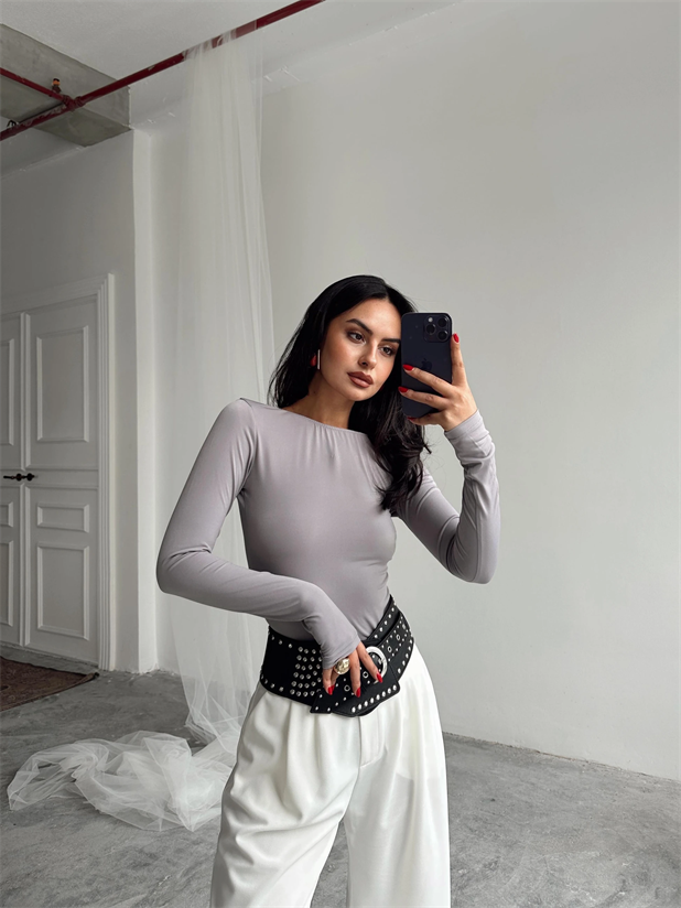 Mia Diamond Detay Bodysuit  - Açık Gri