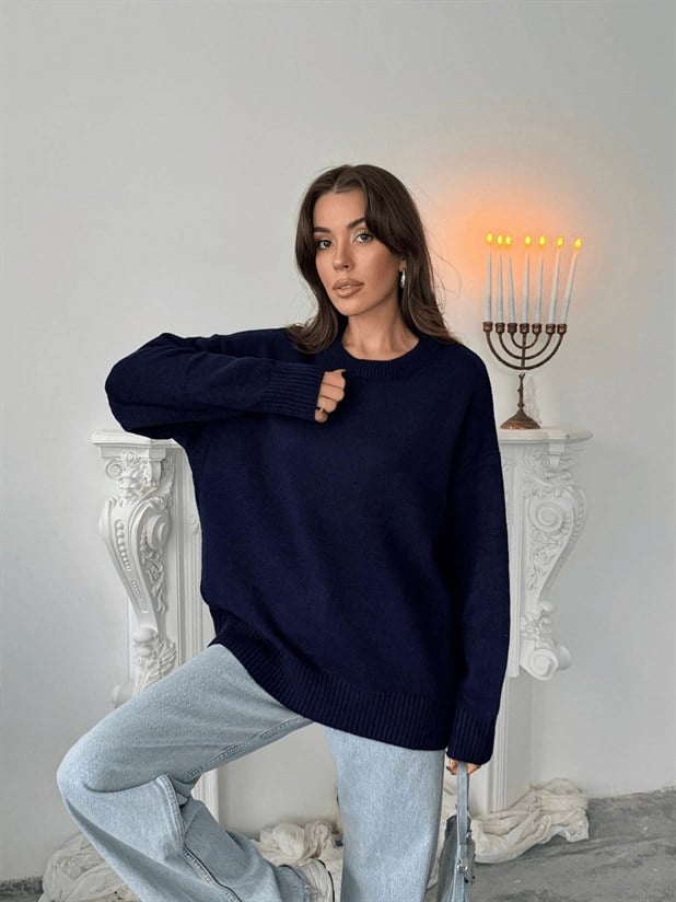 Yıkamalı Şardonlu Triko Kazak - Lacivert