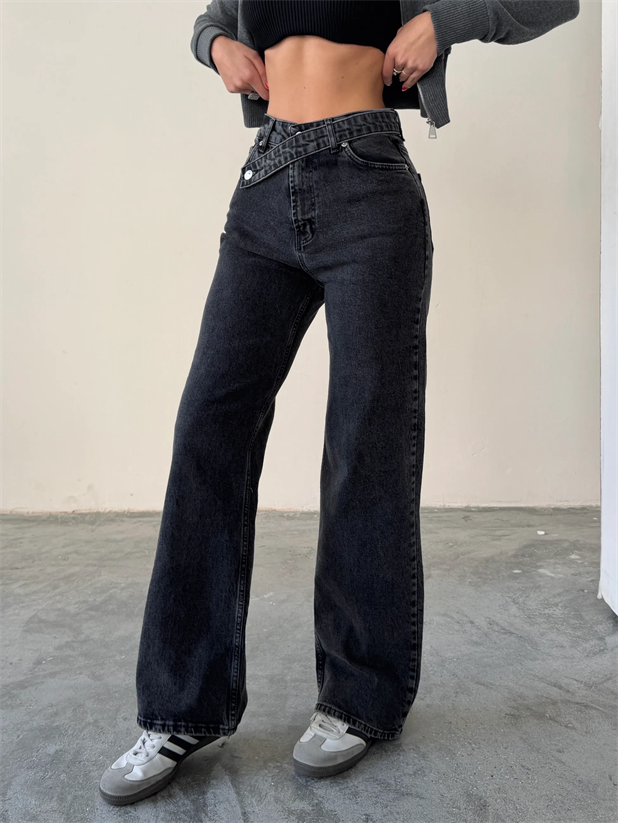 Kuşak Detaylı Jean - Siyah
