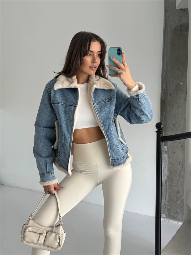 Yakası Peluş Denim Ceket - Mavi