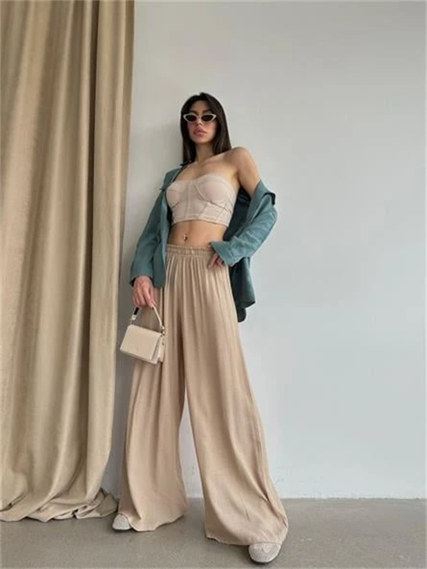 Bel Lastik Tiril Palazzo Pantolon Bej - Bej