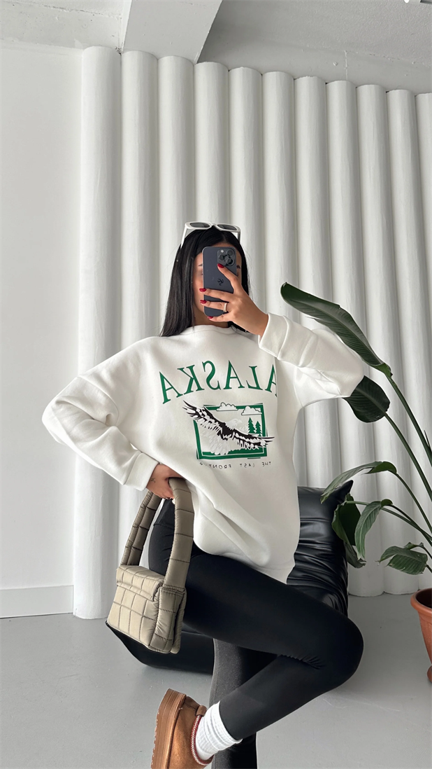 Alaska Üç İplik Şardonlu Oversize Sweat Beyaz - Beyaz