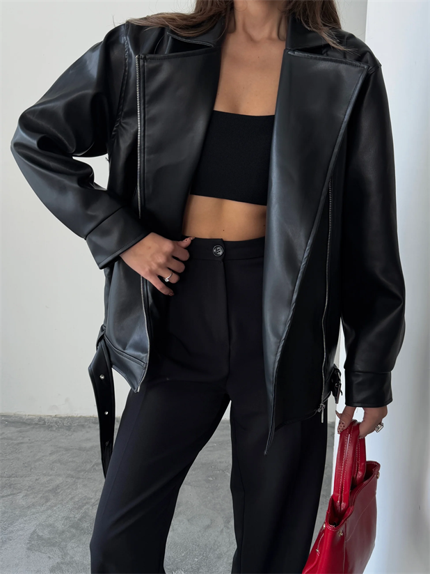 Kemerli Oversize Deri Ceket  - Siyah