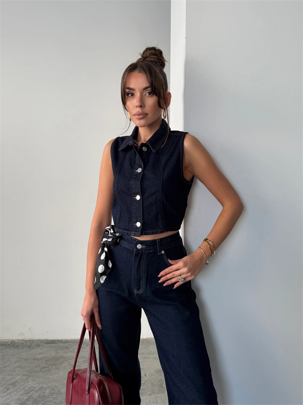 Crop Denim Yelek - Lacivert