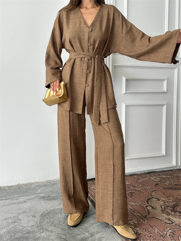 Düğme Detay Kuşaklı Kimono Takım - Kahve