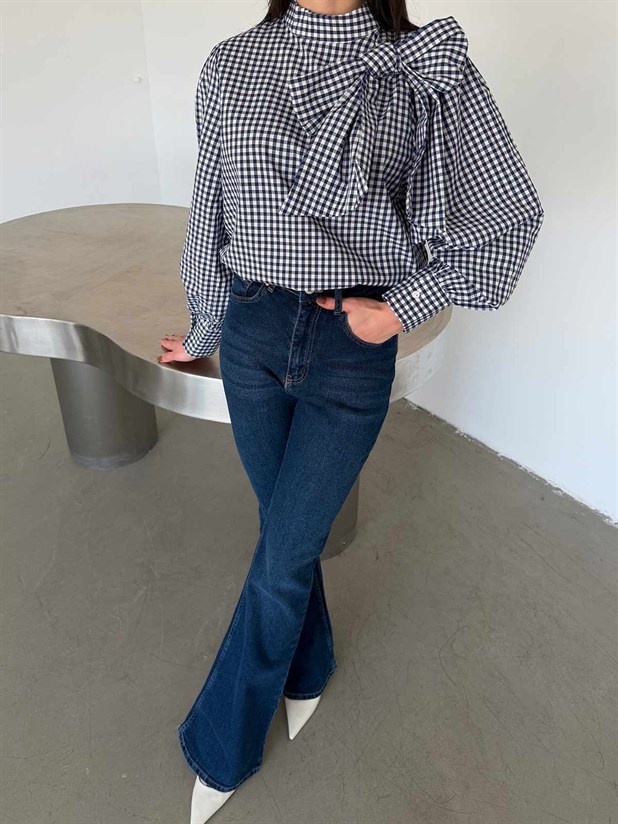 Bağlama Detaylı Poplin Bluz - Mavi