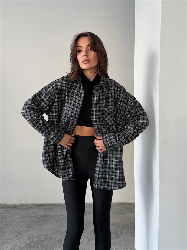 Kareli Oversize Gömlek - Siyah
