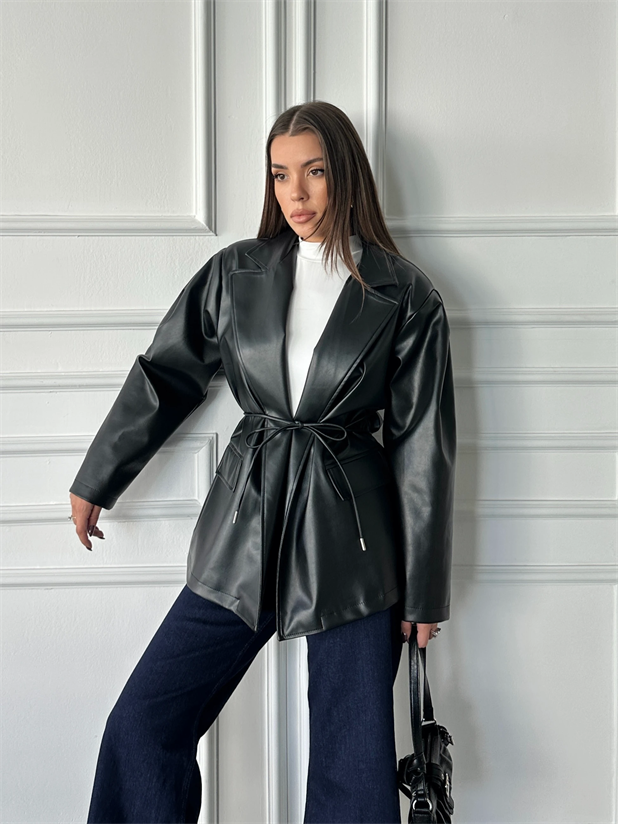 Belden Bağlamalı Deri Ceket - Siyah