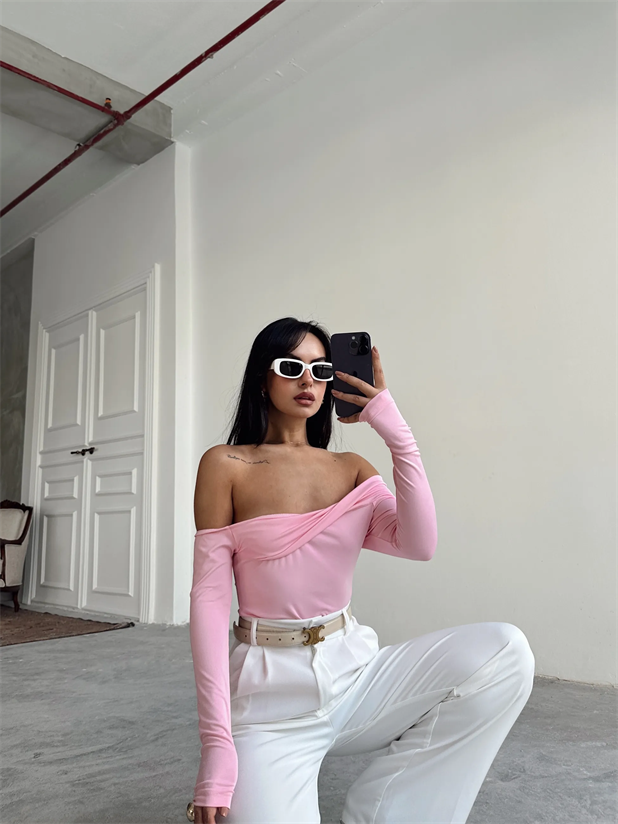Yaka Katlama Bluz  - Pembe