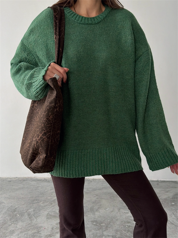 Oversize Ribanalı Kazak - Yeşil