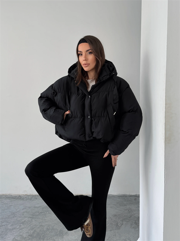 Oversize Kapüşonlu Şişme Mont - Siyah