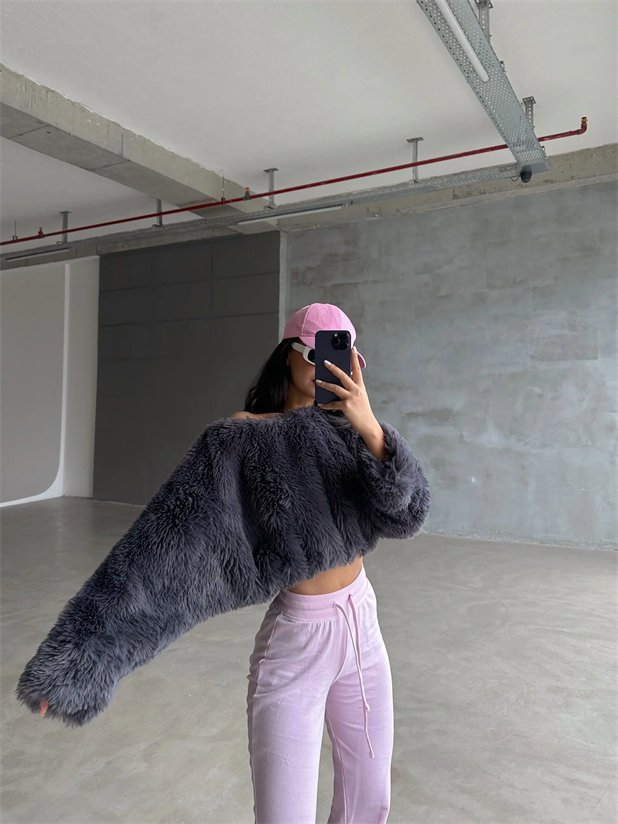 Peluş Crop Kazak Füme - Füme